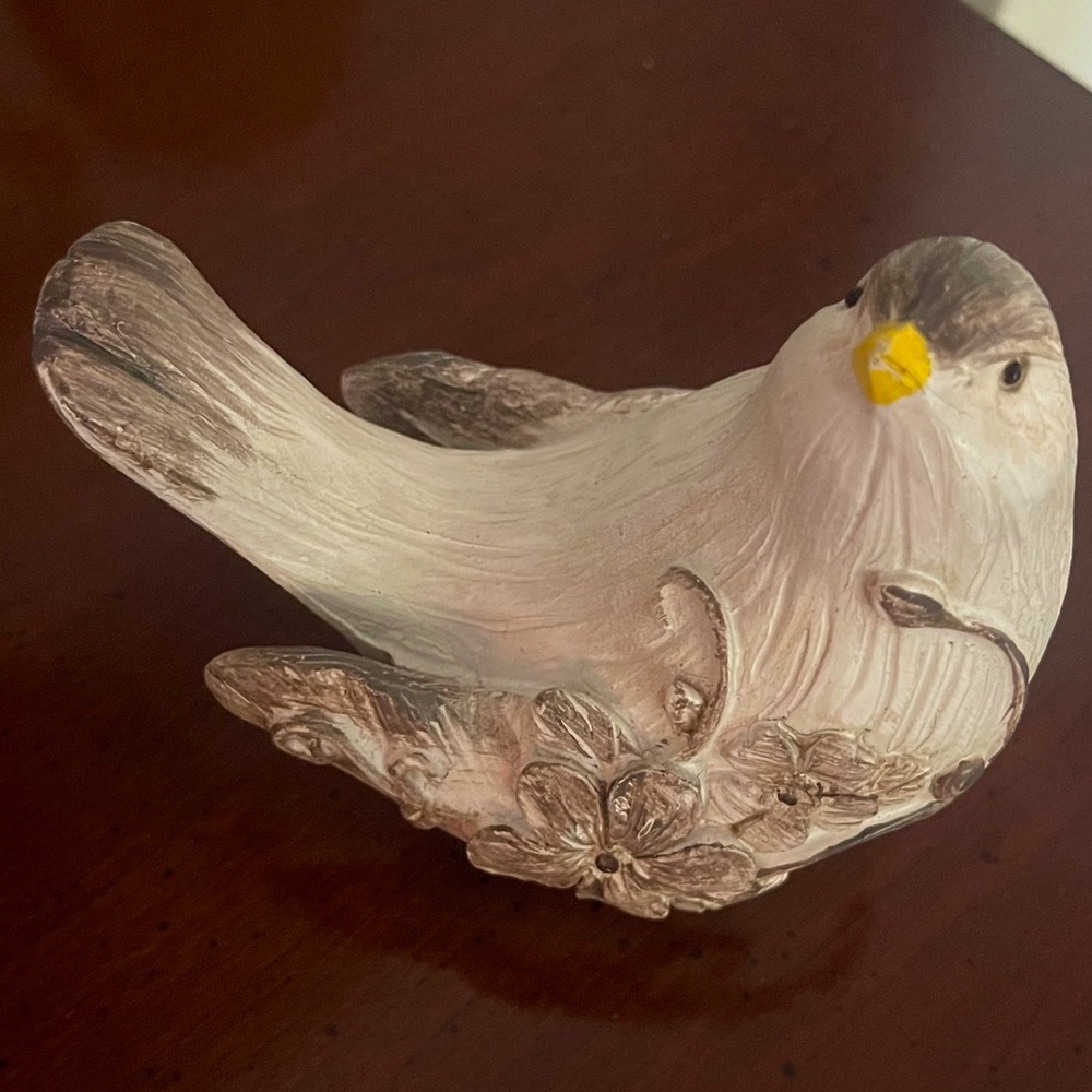 Floral embossed wood look bird figurine neutral white brown